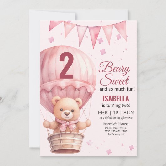 Invitation Bébé rose Fille Air Ballon Teddy Ours Anniversaire (Devant)