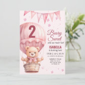 Invitation Bébé rose Fille Air Ballon Teddy Ours Anniversaire (Debout devant)
