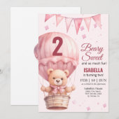 Invitation Bébé rose Fille Air Ballon Teddy Ours Anniversaire (Devant / Derrière)