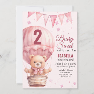 Invitation Bébé rose Fille Air Ballon Teddy Ours Anniversaire