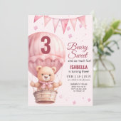 Invitation Bébé rose Fille Air Ballon Teddy Ours Anniversaire (Debout devant)