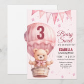 Invitation Bébé rose Fille Air Ballon Teddy Ours Anniversaire (Devant / Derrière)