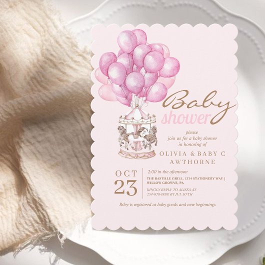 Invitation Bébé rose Fille Douche mignonne Balloon élégant