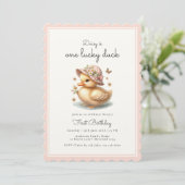 Invitation Bébé Rose fille Lucky Canard premier anniversaire (Debout devant)