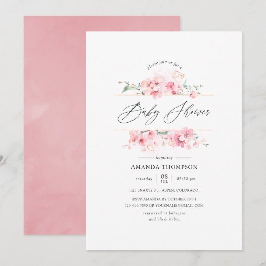 Invitation Bébé Rose Fleur de Cerisier Géométrique Shower (Devant / Derrière)