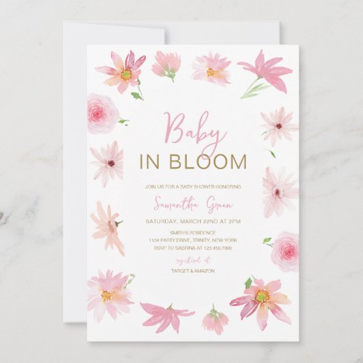 Invitation Bébé rose floral dans le Baby shower en fleur (Devant)