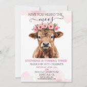 Invitation Bébé rose Floral Highland Vache Anniversaire (Devant)