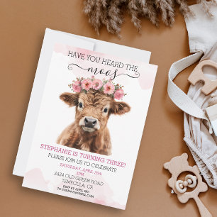 Invitation Bébé rose Floral Highland Vache Anniversaire