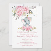 Invitation Bébé rose floral mignon Eléphant Baby shower fille (Devant)