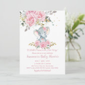 Invitation Bébé rose floral mignon Eléphant Baby shower fille (Debout devant)