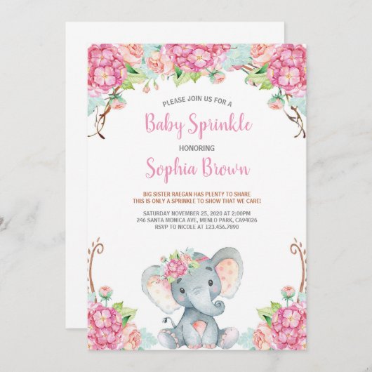 Invitation Bébé rose floral mignon Eléphant Baby shower fille (Devant / Derrière)