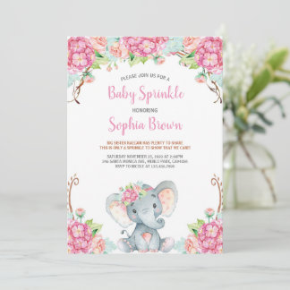 Invitation Bébé rose floral mignon Eléphant Baby shower fille