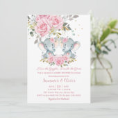 Invitation Bébé rose floral mignon Eléphants Twins Baby showe (Debout devant)