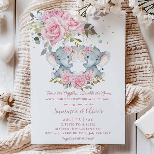 Invitation Bébé rose floral mignon Eléphants Twins Baby showe