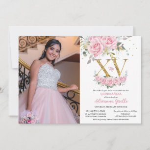 Invitation Bébé rose floral or XV Quinceañera Quince Photo
