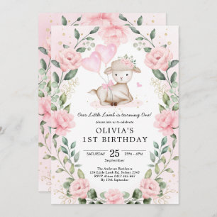 Invitation Bébé rose floral rousse Agneau mouton fille Annive