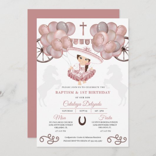Invitation Bébé rose Gold Mexicain Charra Baptême Baptême (Devant / Derrière)