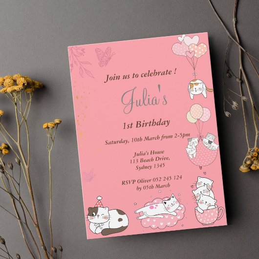 Invitation bébé rose kitty anniversaire