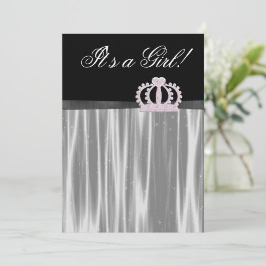 Invitation Bébé rose noir fille Princesse Douche (Debout devant)