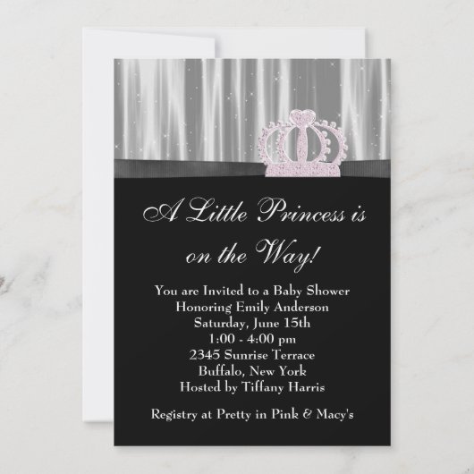 Invitation Bébé rose noir fille Princesse Douche (Dos)