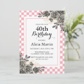 Invitation Bébé Rose noir rose et blanc À damiers Anniversair (Debout devant)