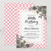 Invitation Bébé Rose noir rose et blanc À damiers Anniversair (Devant / Derrière)