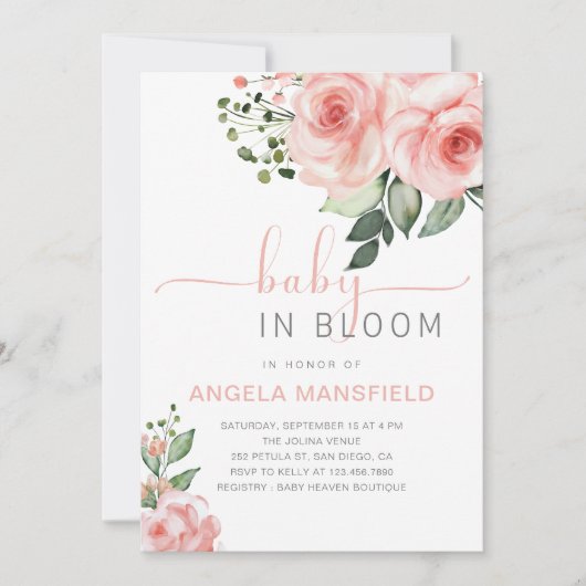 Invitation Bébé rose pâle dans douche fleurie (Devant)