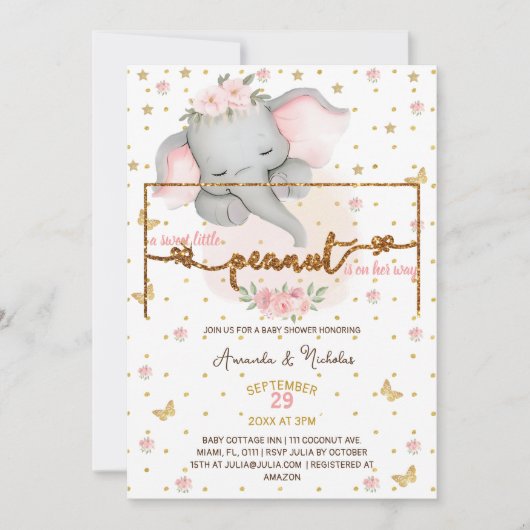 Invitation Bébé rose pâle Eléphant fille Douche (Devant)