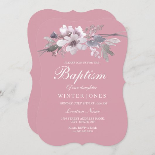 Invitation Bébé rose pâle Fleur Baptême Baptême Baptême (Devant / Derrière)