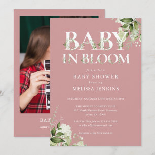 Invitation Bébé Rose Poussiéreuse en Fleur Feuillage Photo Ba
