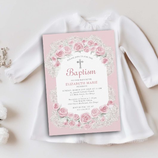 Invitation Bébé rose Respiration rose Blanc Élégant Fille Bap