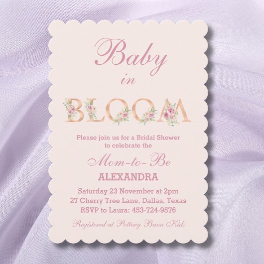 Invitation Bébé rose rose pâle dans le Baby shower fleuri