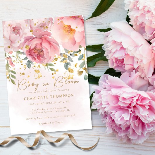 Invitation Bébé rose rose pâle dans le Baby shower fleuri