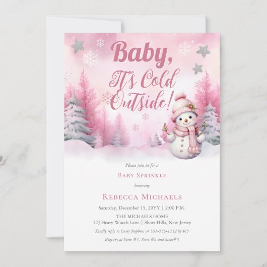 Invitation Bébé rose Son Froid Dehors Neige Fille Bébé Sprink (Devant)