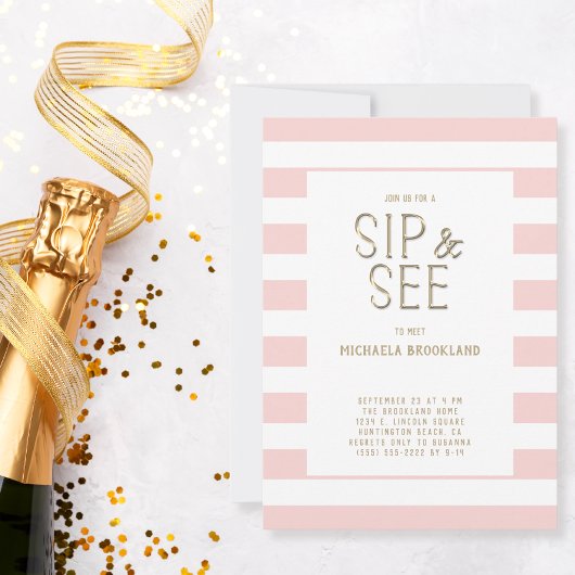 Invitation Bébé rose vif blanc rayé fille Sip et voir