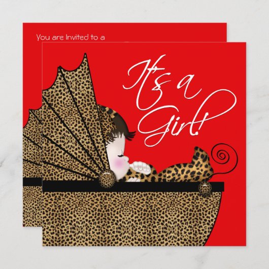 Invitation Bébé rouge léopard Douche fille (Devant / Derrière)