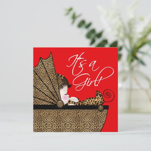 Invitation Bébé rouge léopard Douche fille (Debout devant)