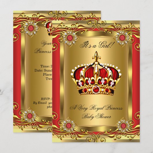 Invitation Bébé royal fille ou garçon Shower Régale Rouge Or  (Devant / Derrière)