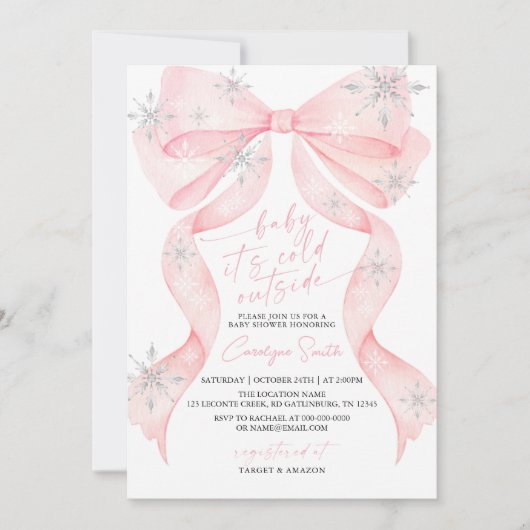 Invitation Bébé Ruban Rose Il Fait Froid Dehors Baby Shower (Devant)