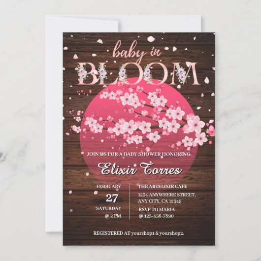 Invitation Bébé rustique en fleur Sakura cerise en fleurs (Devant)