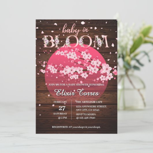 Invitation Bébé rustique en fleur Sakura cerise en fleurs (Debout devant)