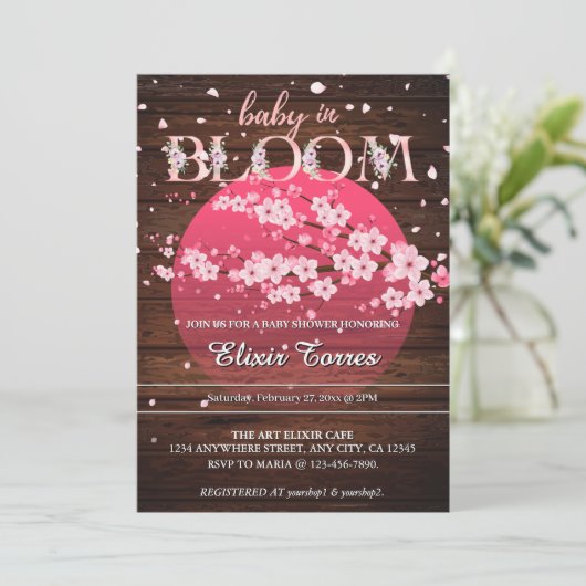 Invitation Bébé rustique en fleur Sakura cerise en fleurs (Debout devant)