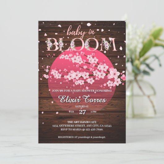 Invitation Bébé rustique en fleur Sakura Cherry Blossom Invit (Debout devant)