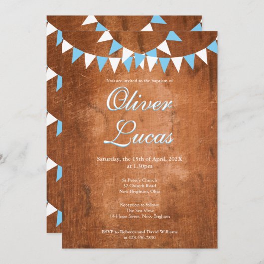 Invitation Bébé rustique garçon Bleu Bunting Baptême Christen (Devant / Derrière)