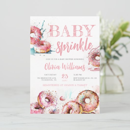Invitation Bébé saupoudrer Baby shower fille beigne rose (Debout devant)