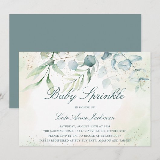 Invitation Bébé Saupoudrer Genre Neutre Eucalyptus Verdure (Devant / Derrière)