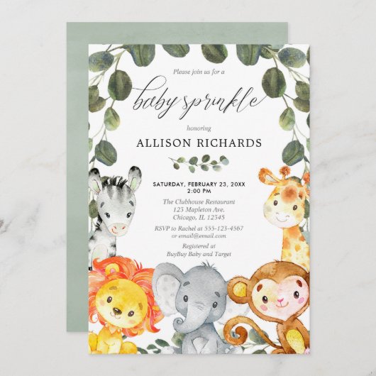 Invitation Bébé saupoudrer la verdure des animaux mignons non (Devant / Derrière)