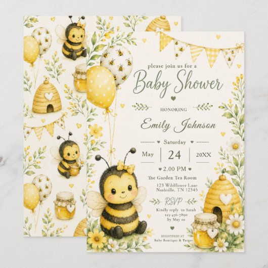 Invitation Bébé Shower Abeille (Devant / Derrière)