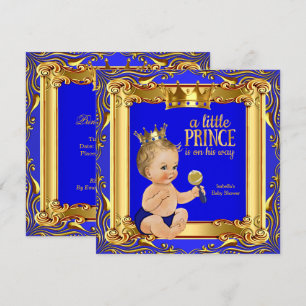 Invitation Bébé Shower Garçon Blond Prince Royal Bleu Or