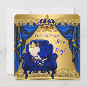 Invitation Bébé Shower Garçon Petit Prince Bleu Royal Doré 3